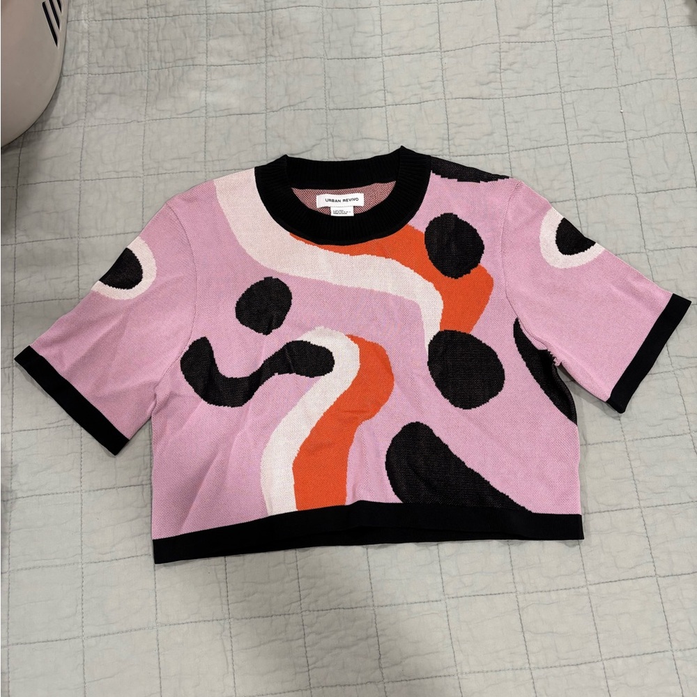ASOS Urban Revivo Pink Abstract Swirl Polka Dot Knit Crop Top Short Sleeve Sz 4